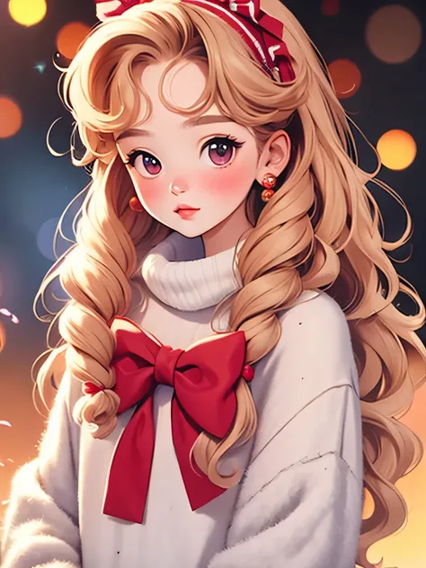 (masterpiece, top quality:1.2), Girl，short height，skinny，smaller ，Alone，to wavy hair， light and fluffy long hair，bow headband，long sleeve turtleneck sweater，details，clean background，Bokeh，subject depth，