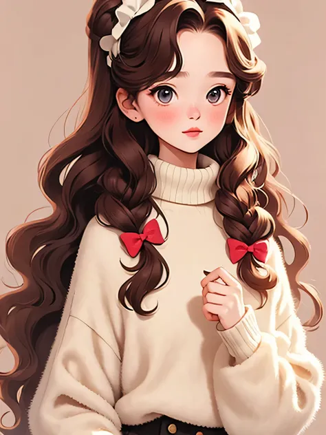 (masterpiece, top quality:1.2), Girl，short height，skinny，smaller ，Alone，to wavy hair， light and fluffy long hair，bow headband，long sleeve turtleneck sweater，details，clean background，Bokeh，subject depth，