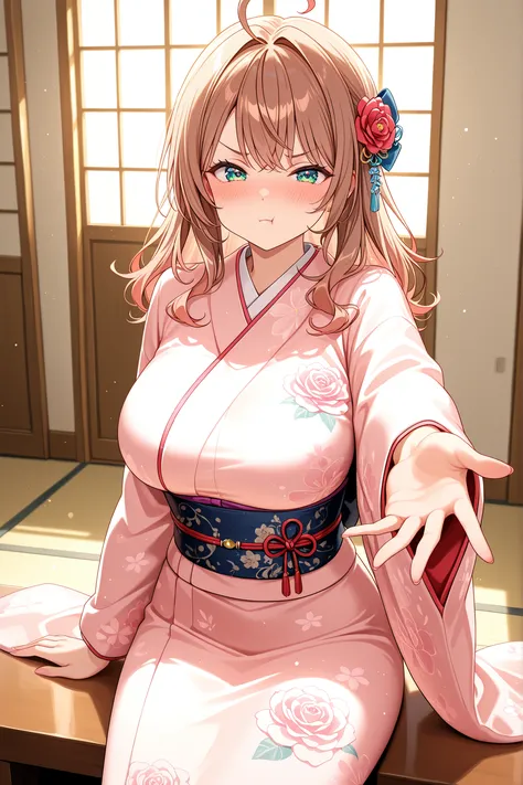 1girl, masterpiece, Highly detailed, High resolution, Maria Mikhailovna Kujou, Alya Sometimes Hides Her Feelings in Russian, Kimono Wedding, indoors, Pout, Outstretched arm, Big breasts, Sitting