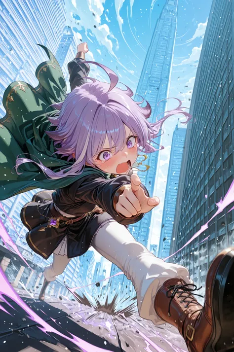 dynamic pose, foreshortening, extreme perspective, perspective, best quality, highres, ultra-detailed, dynamic fantasy scene,
a young sorceress being dragged through the sky by a pair of oversized ornate magical brown shoes, far larger than her feet, the s...