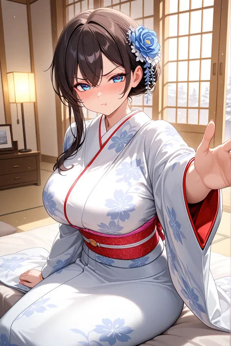 1girl, masterpiece, Highly detailed, High resolution, Yuki Suou, Alya Sometimes Hides Her Feelings in Russian, Kimono Wedding, indoors, Pout, Outstretched arm, Big breasts, Sitting