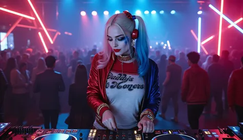 Harley Quinn in a stage in front of a DJ console and using it, wearing a shiny bright suit , wearing shiny red headphones , using a DJ console in a stage, DJ console with neon lights, silver straight hair , big blue eyes , red big lips , a crowd in a night...