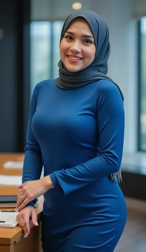 a 35-year-old woman, pashmina indonesia hijab, (((very tight satin long sleeve dress))), calm tone, blue colors, high contrast, detailed facial features, sensual smile expression, 8k, masterpiece, high resolution, photorealistic,hand holding desk, office b...