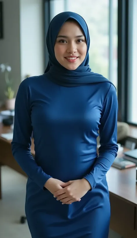 a 35-year-old woman, pashmina indonesia hijab, (((very tight satin long sleeve dress))), calm tone, blue colors, high contrast, detailed facial features, sensual smile expression, 8k, masterpiece, high resolution, photorealistic,hand holding desk, office b...