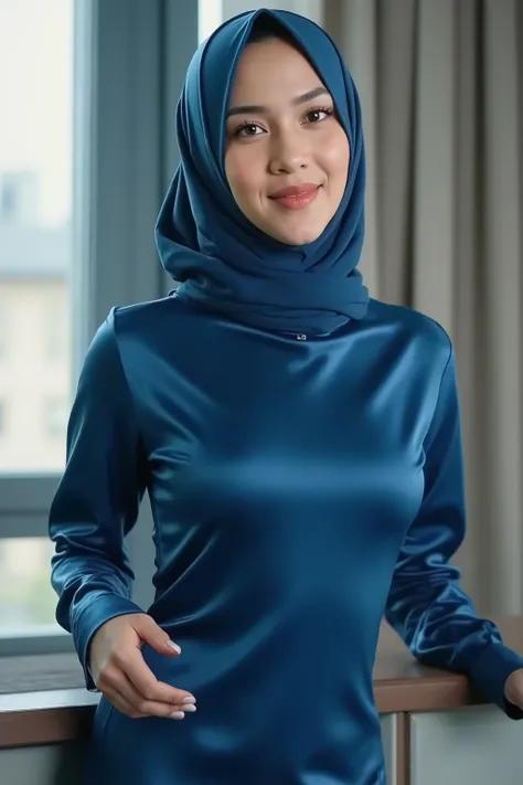 a 35-year-old woman, pashmina indonesia hijab, (((very tight satin long sleeve dress))), calm tone, blue colors, high contrast, detailed facial features, sensual smile expression, 8k, masterpiece, high resolution, photorealistic,hand holding desk, office b...