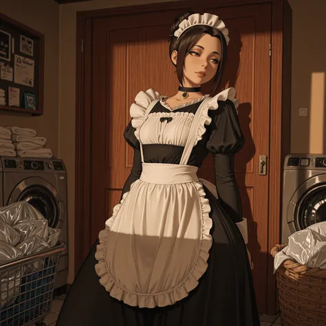 Azula , amber eyes . wavy dark brown hair strands above her shoulders. short hair. small breasts. huge hips. choker. | A hotel maid asleep in the laundry room, dressed in a classic French maid uniform. She’s curled up on a stack of neatly folded laundry b...