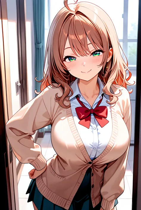 1girl, masterpiece, Highly detailed, High resolution, Maria Mikhailovna Kujou, Alya Sometimes Hides Her Feelings in Russian, Dress shirt, ,Cardigan, indoors, Smile, Hand on own hip, Big breasts, Standing
