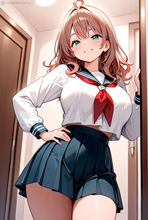 1girl, masterpiece, Highly detailed, High resolution, Maria Mikhailovna Kujou, Alya Sometimes Hides Her Feelings in Russian, Serafuku, indoors, Smile, Hand on own hip, Big breasts, Standing