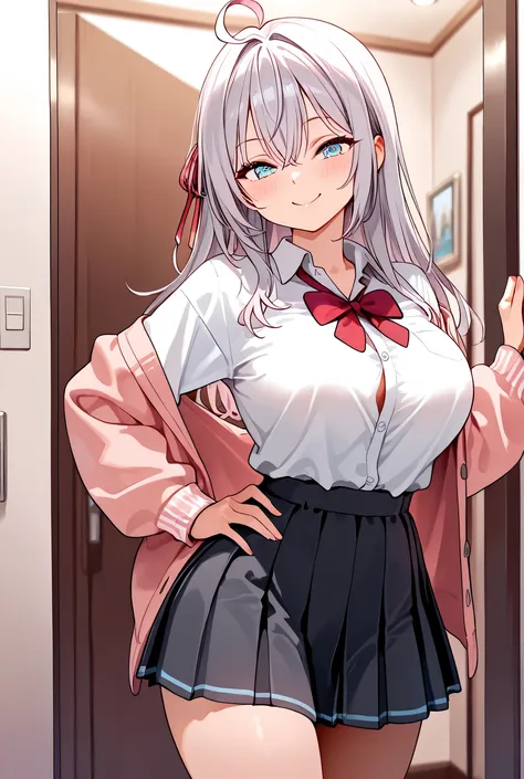1girl, masterpiece, Highly detailed, High resolution, Alisa Mikhailovna Kujou, Alya Sometimes Hides Her Feelings in Russian, Dress shirt,Cardigan, indoors, Smile, Hand on own hip, Big breasts, Standing