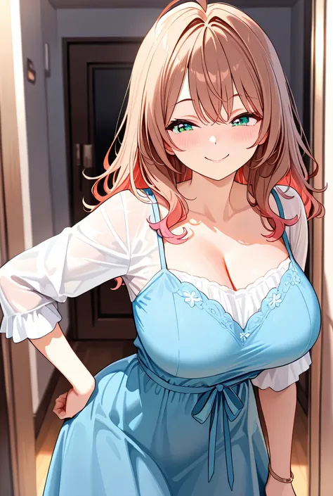 1girl, masterpiece, Highly detailed, High resolution, Maria Mikhailovna Kujou, Alya Sometimes Hides Her Feelings in Russian, Dress, indoors, Smile, Hand on own hip, Big breasts, Standing