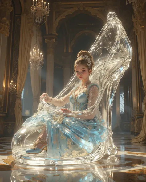 Colossal glass slipper as monumental centerpiece; Cinderella gracefully inside the transparent shoe cavity, perfectly aligned so her body does not intersect or penetrate the shoe structure. Theme: ultimate feminine beauty expressed through fairy-tale elega...