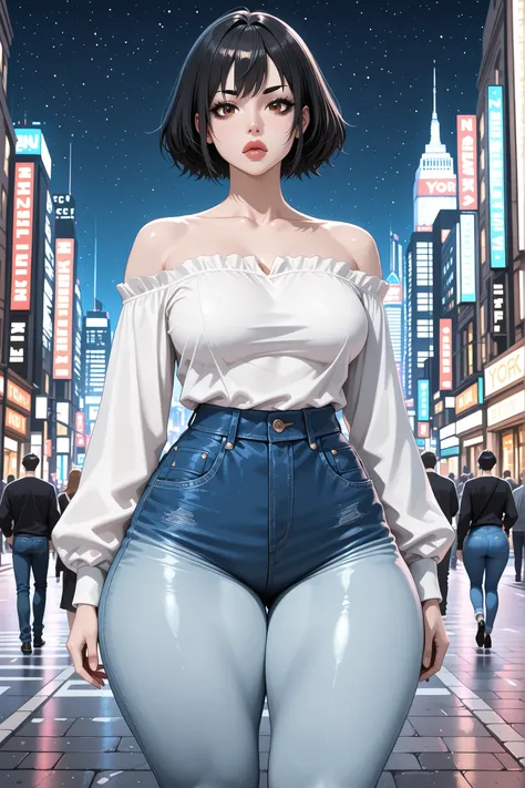 perfect body, black hair, short hair, black thin eyebrows, brown eyes, black eyelashes, black eyeliners, nose, thick lips, collarbone, medium breasts, (white off-shoulder long sleeve shirt), (blue denim jeans, short jeans), (thick thighs:1.3), (standing), ...