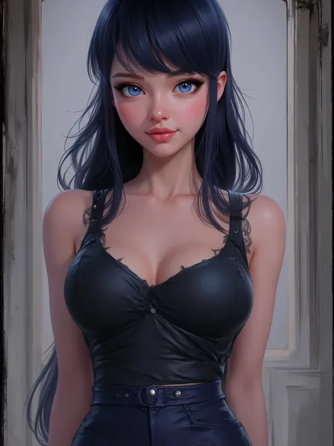 marinette Dopanchan, Inkpunk Anime, A very beautiful and cute 22 year old woman. Sharp focus on the face, slight smile, long hair, deep gaze, blue eyes, western eyes, detailed blue eyes, beautiful eyes, delicately detailed thin pink lips, perfect body, rou...