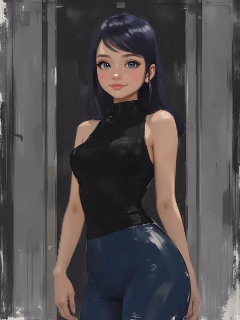 sketch painting, marinette Dopanchan, Inkpunk Anime, A very beautiful and cute 22 year old woman. Sharp focus on the face, slight smile, long hair, deep gaze, blue eyes, western eyes, detailed blue eyes, beautiful eyes, delicately detailed thin pink lips, ...