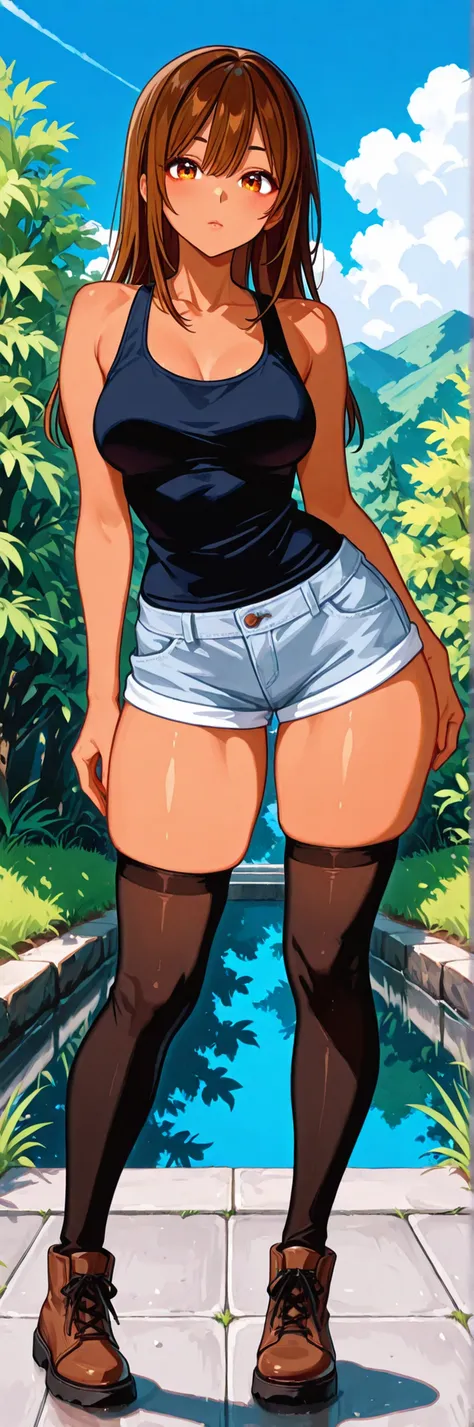 1girl,
score_9, absurdres,

from_front, full_body,

well_proportioned, voluptuous, wide_shoulders, thick_thighs, (dark_skin:0.8),

tanktop, cargo_shorts, thighhighs, brown_leather_shoes,

amber_eyes, (eye_bags:1.0), (bags_under_eyes:0.8), double_eyelids,
b...