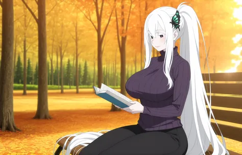 anime screencap, anime coloring, detailed face, masterpiece, best quality, very aesthetic, absurdres, volumetric lighting, echidna, 1girl, adult female, motherly, medium head, pale skin, absurdly long hair, ponytail , sidelocks ,white hair, butterfly hair ...