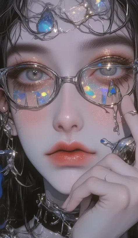 ((centered image, a close up of a beautiful woman with exaggerated features caricaturized in the kawaii style :1.52, thick, fleshy lips with kissable glitter , great with glitter and highlights ,  false eyelashes and long eyes  :1.5 , Beautiful face of a c...