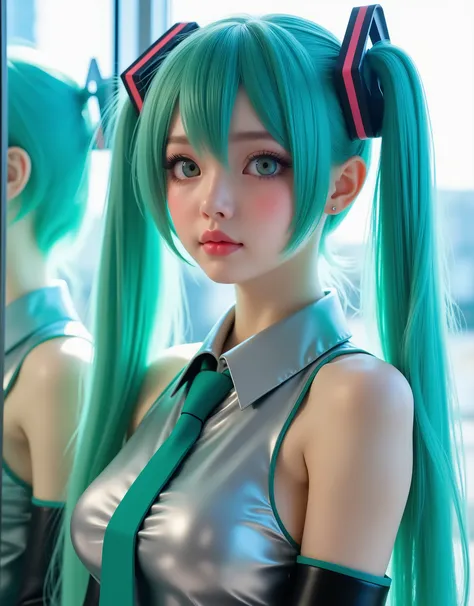 Hyperrealistic Close Up by Hatsune Miku, With turquoise hair, with long twin pigtails, her face is beautiful with large expressive turquoise eyes, her fair skin like porcelain shows a subtle blush on her cheeks and a touch of pink on her lips, Your figure ...