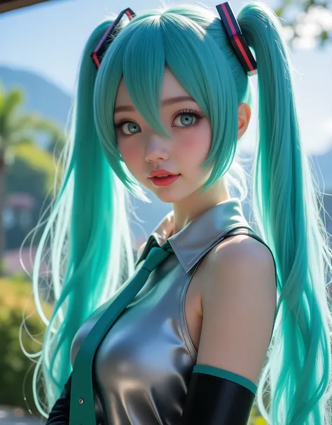 Hyperrealistic Close Up by Hatsune Miku, With turquoise hair, with long twin pigtails, her face is beautiful with large expressive turquoise eyes, her fair skin like porcelain shows a subtle blush on her cheeks and a touch of pink on her lips, Your figure ...