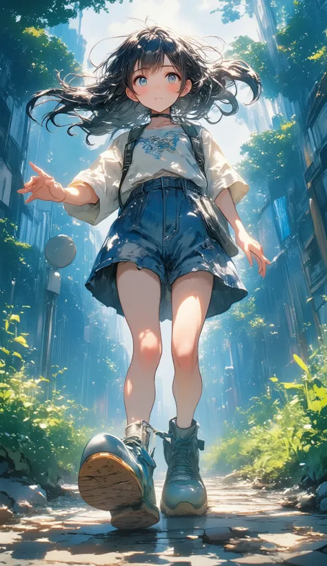 (Anime Style:1.2), bright color, Dynamic Composition,
The girl is wearing big shoes that don't fit her size、The scene where they move forward while staggering。
Unsteady Gait、expression has slight determination and curiosity。
The background is a path ...