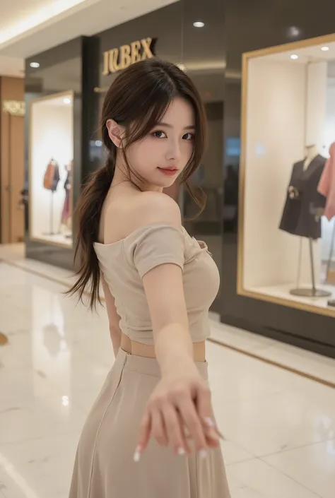 Ultra realistic 8K portrait of a beautiful young Korean Chinese woman in her 20s with (large natural breasts:1.5). She wears a fitted beige two-piece set, featuring an off-the-shoulder crop top modified with short sleeves and a matching, figure-hugging lon...