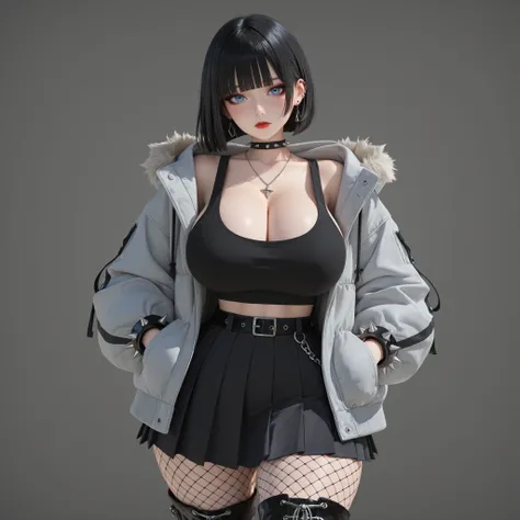 masterpiece, ultra-HD, impressionism, high detail, best quality, very aesthetic, 8K, best quality, beautiful, ultra-high resolution, 32K UHD, sharp focus, 3D, 1girl, solo, short hair, black hair, loose hair, straight hair, bob cut, blunt bangs, almond-shap...