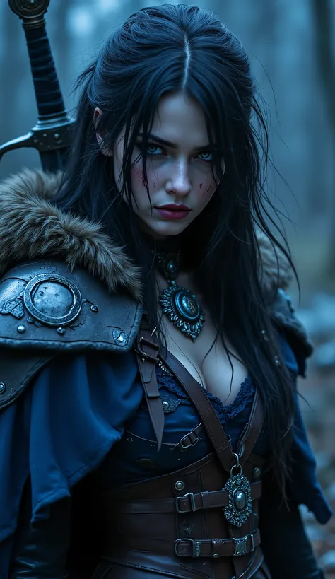 a mysterious female warrior, cloaked in a detailed, gothic-style outfit. She wears a deep blue garment adorned with various leather straps and buckles, giving her a rugged, battle-ready appearance. The fur-lined mantle around her shoulders adds a touch of ...