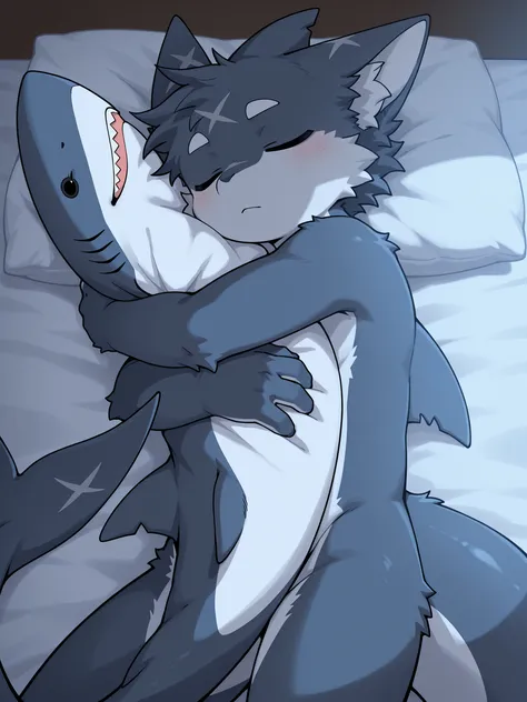 top quality, masterpiece, , 1 boy, mixed race of sharks and beastmen, Light Blue Skin, sleep gently holding a long shark tail with both arms, fluffy animal ears, shark dorsal fin, Small gel , round face, Peaceful Sleeping Face, shaped like a shark fin, f...