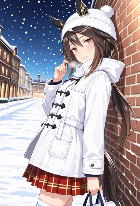 (masterpiece, best quality, perfect face:1.4), wide angle, stay gold \(umamusume\), black hair, multicolored hair, brown eyes, hair between eyes, white hair, low ponytail, brown hair, single ear cover, two-tone hair, streaked hair, small breasts, horse ear...