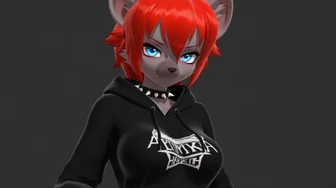 (112, 112 artstyle, 3d, mmd),, 1girl, solo, anthro hyena, furry, furry female, blue eyes, punk, grey fur, black hoodie, breast, spike collar, red hair,