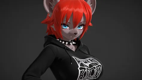 (112, 112 artstyle, 3d, mmd),, 1girl, solo, anthro hyena, furry, furry female, blue eyes, punk, grey fur, black hoodie, breast, spike collar, red hair,
