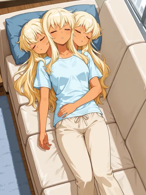 conjoined, anime girl with three heads, long blond hair, tan skin, eyes closed, light blue t-shirt, tan pants, sleeping on an apartment couch, solo, view from above