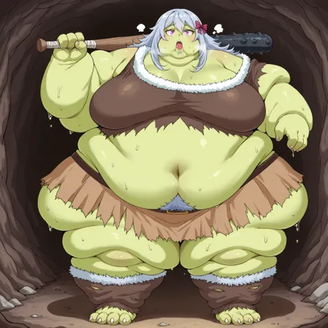 reine von silford, blue-grey hair, long hair, pink eyes, 1girl, bow, solo, hair bow, Becoming a orc, monster, Orc, Female Orc, green skin, tusks, Orc, fangs, 1girl, fur, rags, brown crop top, fur trim crop top, single off shoulder, midriff, navel, brown mi...