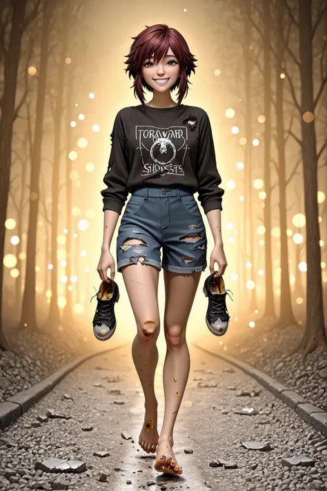 full body, front view, looking at viewer,
solo,
1girl, female, teenage, smiling,
barefoot, torn blisters on heels, carrying broken shoes in hand,
walking, gravel path, toward misty forest,
bokeh background,
emotional, manwa anime 3D CGI style, ...