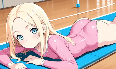 1 girl, little girl, cheerful, sasha, blonde hair, long hair, forehead, parted bangs, light blue eyes, pink leotard, long sleeve leotard, rhythmic gymnastics, looking at viewer, masterpiece, perfect anatomy, bright color, school gym, ass, prone, on stomac...