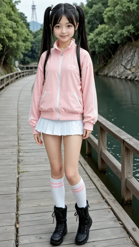 A young Japanese girl is standing near a riverside in Japan、17 years old、cute face、long black hair、Twin Tails、Stylish cute pink long sleeve clothes、jacket、miniskirt,knee-high socks、sports boots、on the side、full body view