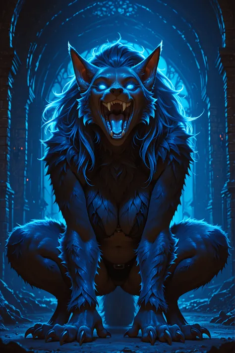 NSFW furry mature girl, highly detailed 8K digital art, cinematic lighting, dark fantasy, glowing eyes, sharp claws, intricate fur textures,mouthopen,dangerous expression,crouching pose,dramatic atmosphere,moody blue tones,professional render,photorealisti...