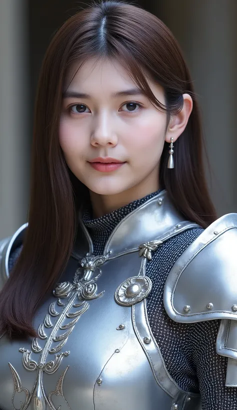 neat young woman wearing luxurious silver armor、、female knight、、漆黒の髪、、ear piercings、looking at camera、looking directly in front、、口を閉じている、への字口、、、face close-up、grey background、