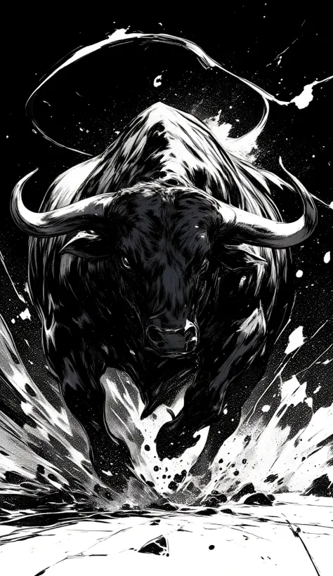 black、black、black、blackい背景、力強く勢いのあるblackい線画、blackの濃淡で表現する、rough bullfighting、whole、high detail、cross hatching、High Quality、high image quality、Osmudging Outline、流れるblack、masterpiece