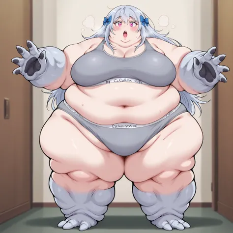 <lora:zombiefication-illustriousxl-lora-nochekaiser:1>, zombiefication, blush, open mouth, monster, reine von silford, blue-grey hair, long hair, pink eyes, 1girl, bow, solo, hair bow, grey sports bra,spors bra,grey sports panties,sports panties,calvin kle...