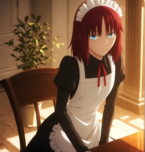 ufotable style ,masterpiece,best quality,good quality,newest, 8k, , from above,
indoors ,((cinematic light, sunlight, backlight)), (sitting ), (plant ,detailed background, mansion), , , 
expressionless,
looking at viewer, hot coffee on desk ,(hair over eye...
