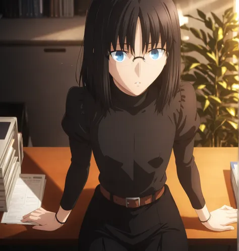 ufotable style ,masterpiece,best quality,good quality,newest, 8k, , from above,
indoors ,((cinematic light, sunlight, backlight)), (sitting ), (plant ,detailed background, office),parted lips, , 
expressionless,
looking at viewer, (upturned eyes), , bracel...