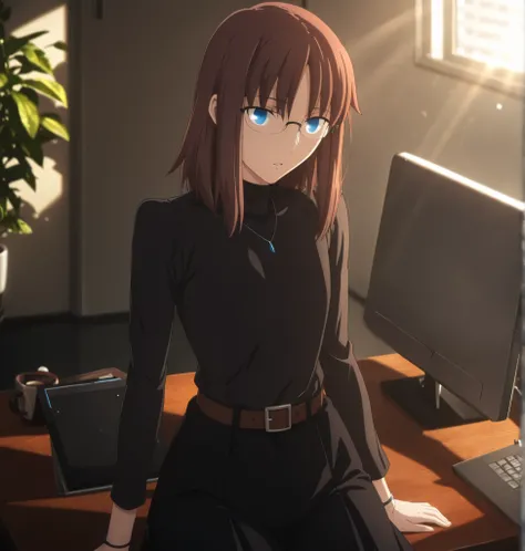 ufotable style ,masterpiece,best quality,good quality,newest, 8k, , from above,
indoors ,((cinematic light, sunlight, backlight)), (sitting ), (plant ,detailed background, office),parted lips, , 
expressionless,
looking at viewer, (upturned eyes), head til...