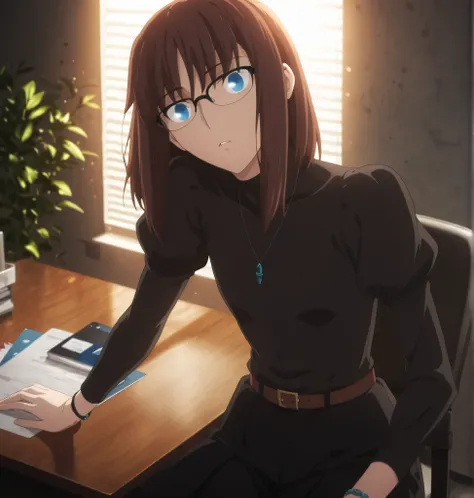 ufotable style ,masterpiece,best quality,good quality,newest, 8k, , from above,
indoors ,((cinematic light, sunlight, backlight)), (sitting ), (plant ,detailed background, office),parted lips, , 
expressionless,
looking at viewer, (upturned eyes), head til...