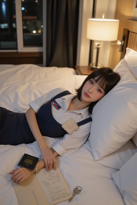 (photorealistic, ultra-detailed, cinematic hotel room lighting, Flux model optimized)
Nighttime scene in a cozy modern hotel room.
A young female flight attendant is lying sideways on a neatly made white hotel bed, as if sleeping during her layover.
She ha...