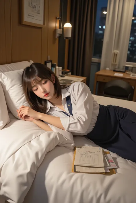 (photorealistic, ultra-detailed, cinematic hotel room lighting, Flux model optimized)
Nighttime scene in a cozy modern hotel room.
A young female flight attendant is lying sideways on a neatly made white hotel bed, as if sleeping during her layover.
She ha...