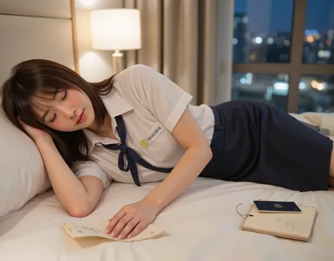 (photorealistic, ultra-detailed, cinematic hotel room lighting, Flux model optimized)
Nighttime scene in a cozy modern hotel room.
A young female flight attendant is lying sideways on a neatly made white hotel bed, as if sleeping during her layover.
She ha...