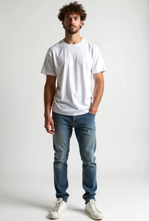 high quality image , male model age 25 wearing white dropshoulder oversized t-shirt   ,with light or medium-wash jeans.

Complete the look with matching sneakers , hyper realistic model , for ecommerce photography, front pose, perfect eyes, hyper-realistic...