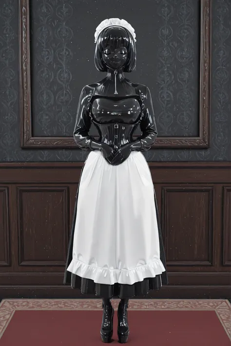 maniajuns, black latex skin, black lenses, black hair, happy, girl in closed shiny black catsuit,NeckCorset, HW_Corset, standing,latex,maid,gothic,black latex long skirt, Wide Skirt,black latex long puffed sleeves,black latex long gloves,white latex big ap...