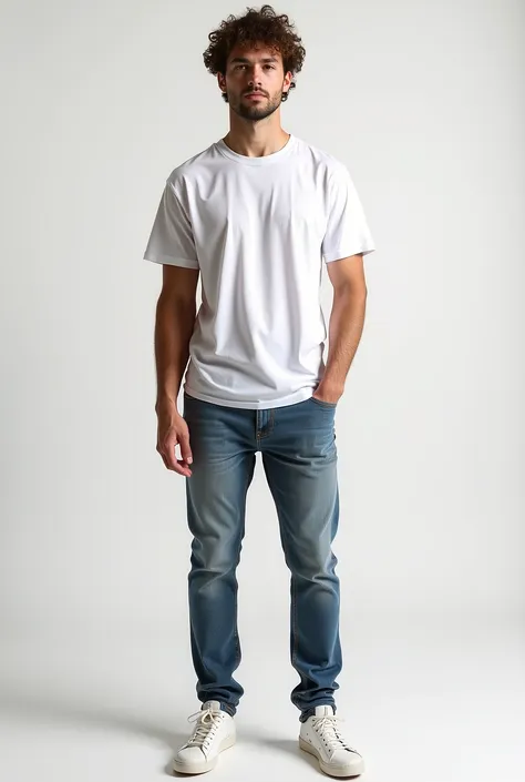high quality image , male model age 25 wearing white dropshoulder oversized t-shirt   ,with light or medium-wash jeans.

Complete the look with matching sneakers , hyper realistic model , for ecommerce photography, front pose, perfect eyes, hyper-realistic...